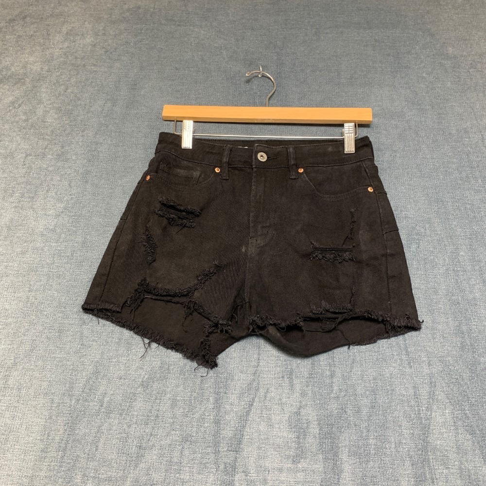 Song Curvy Cutoff Shorts Womens 7/28 Black Denim Stretch High Rise Distressed
